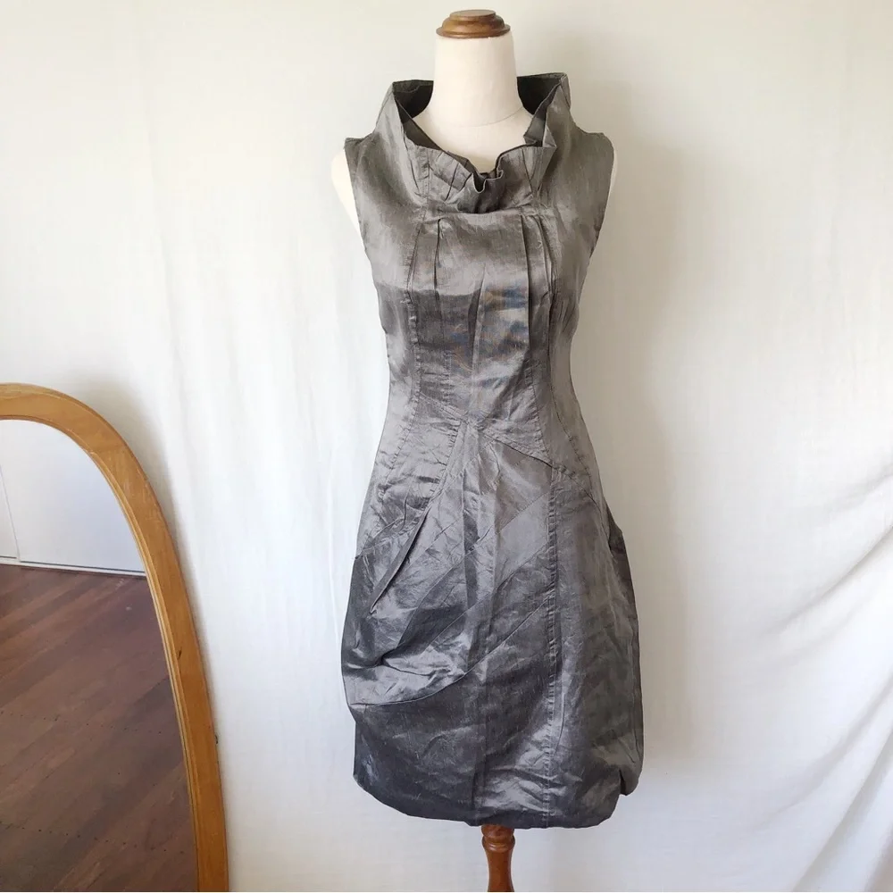 SISTE'S Size 8-10 Italian Grey Khaki Metallic Flax Blend Structured Dress Party - Picture 1 of 13